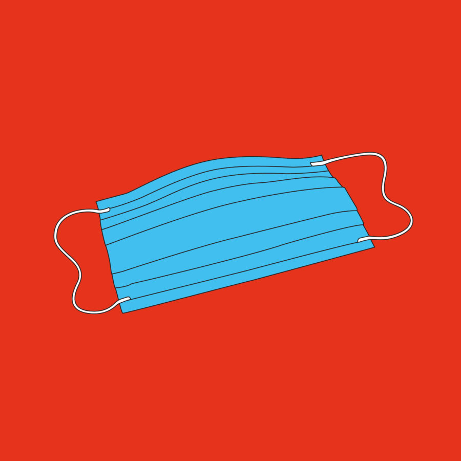 A strilimg image of a blue facemask on a red background by artist Micheal Craig Martin